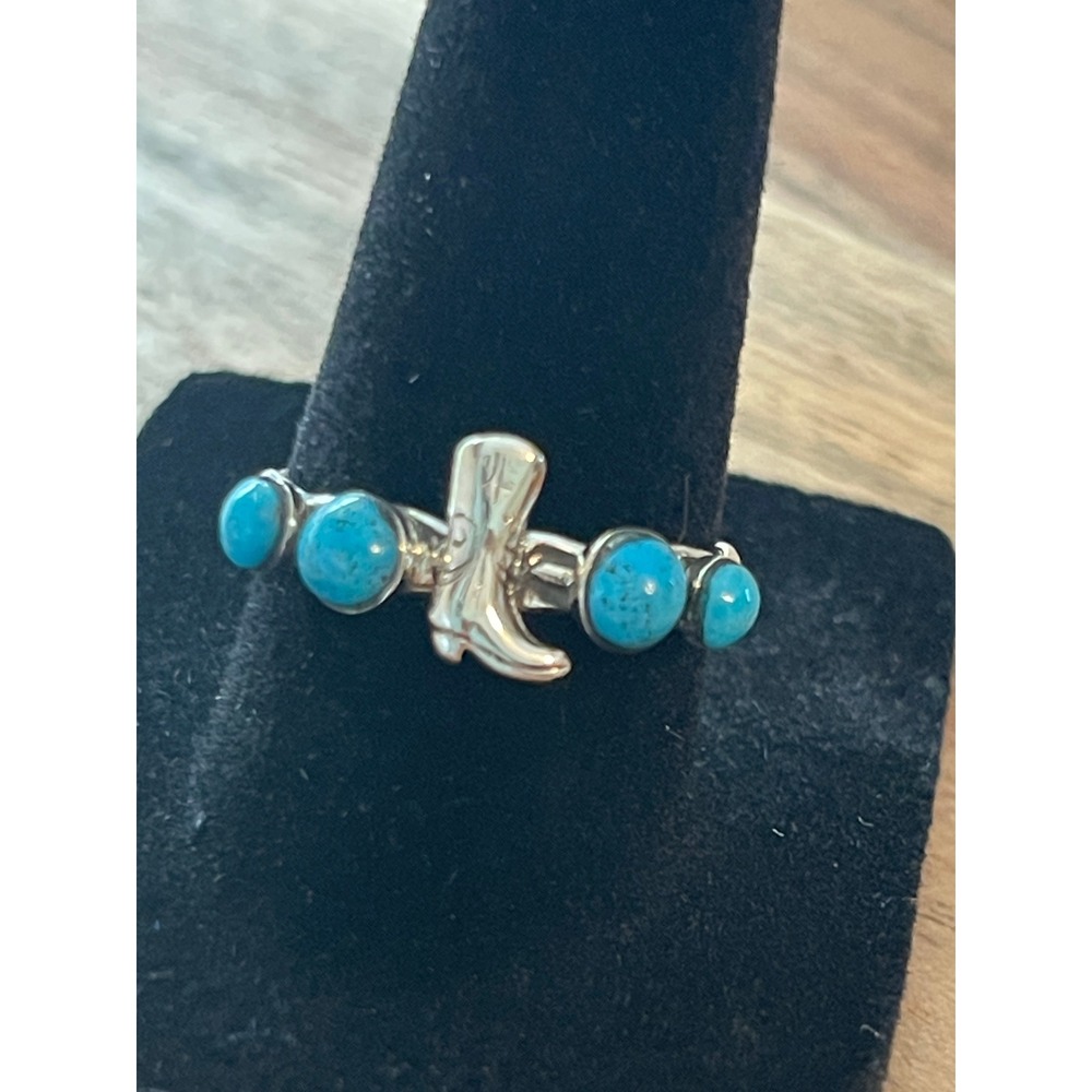 Native American Handcrafted Sterling and Turquoise Ring Cowgirl Boot Size 8